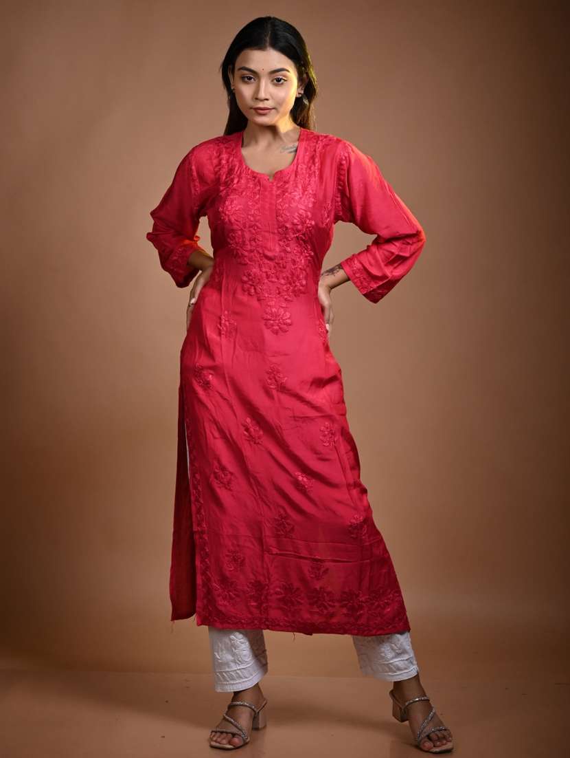 women solid with work long sleeve kurta pant set