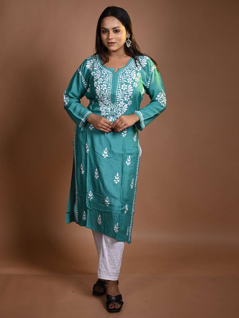 women solid with work long sleeve kurta pant set