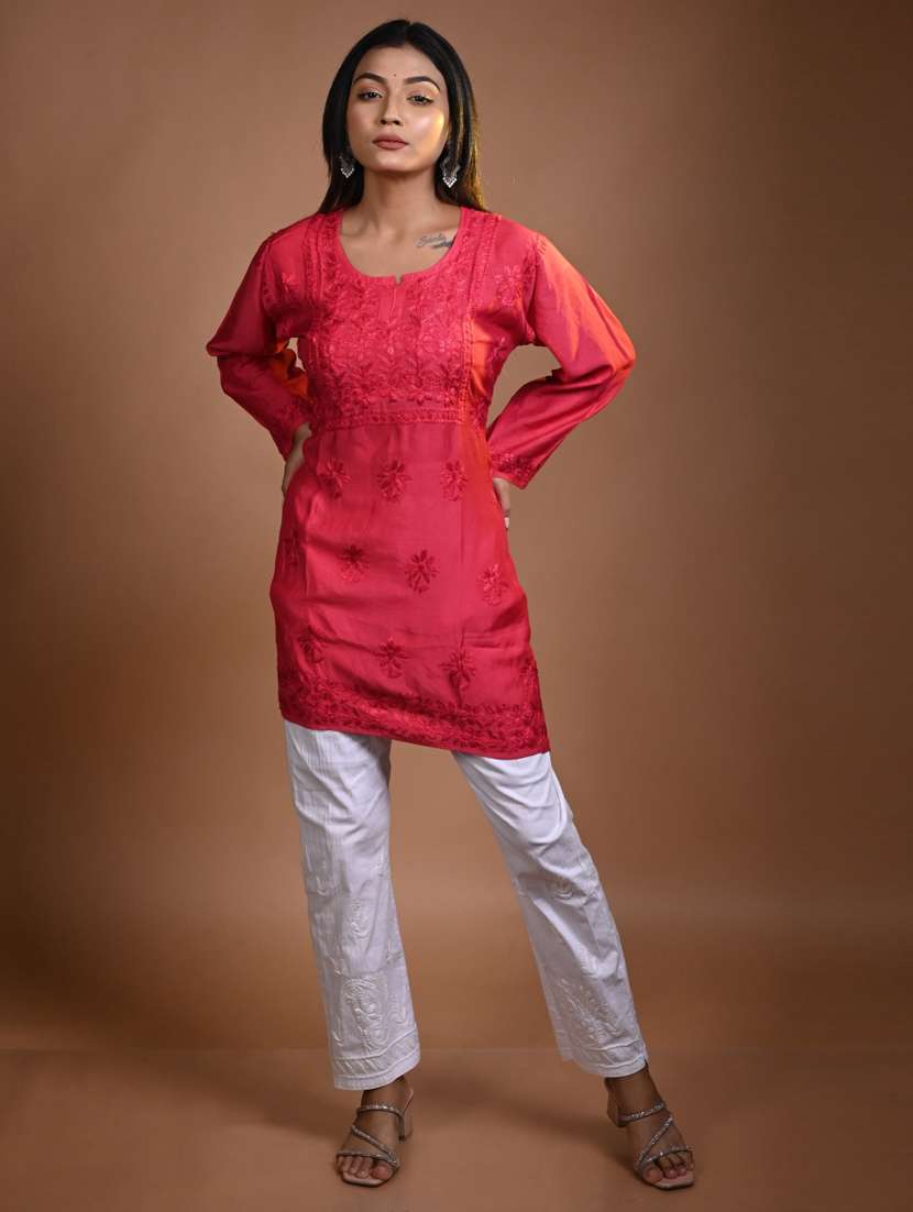 women solid with work long sleeve kurta pant set