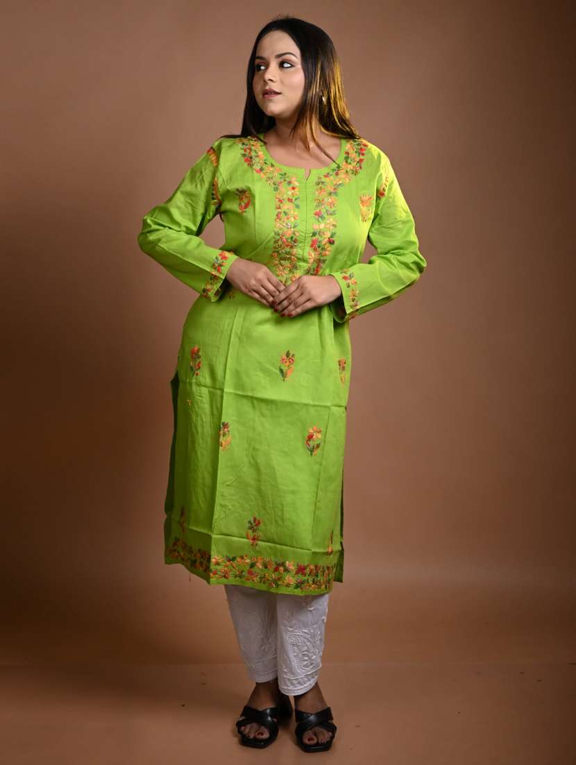 women solid with work long sleeve kurta pant set
