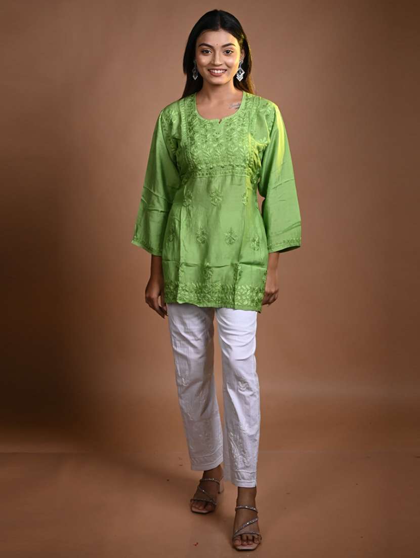 women solid with work long sleeve kurta pant set