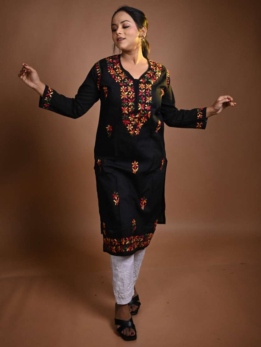 women solid with work long sleeve kurta pant set