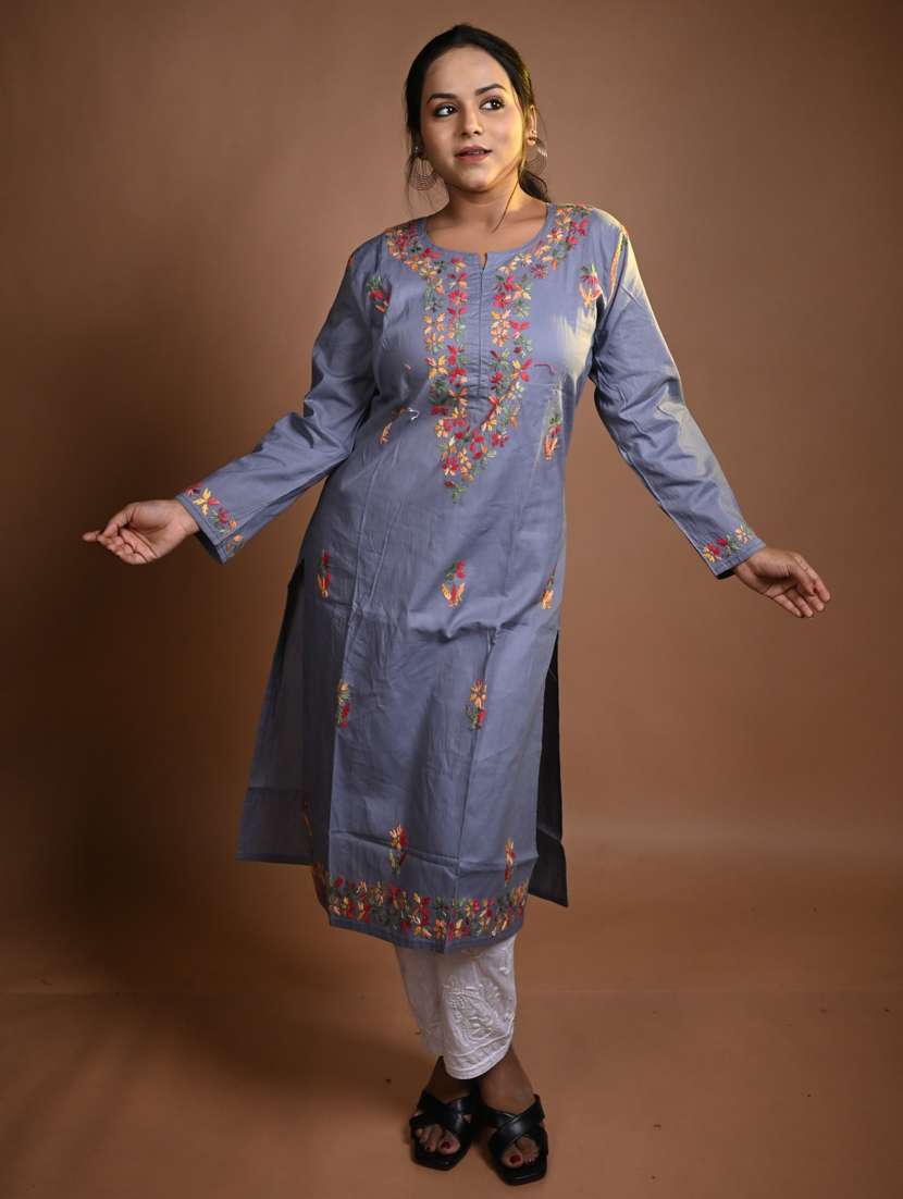 women solid with work long sleeve kurta pant set