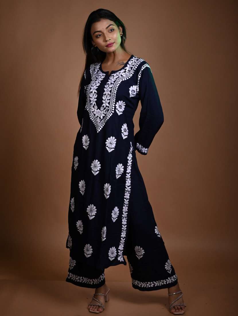 women solid with work notch neck kurta palazzo set