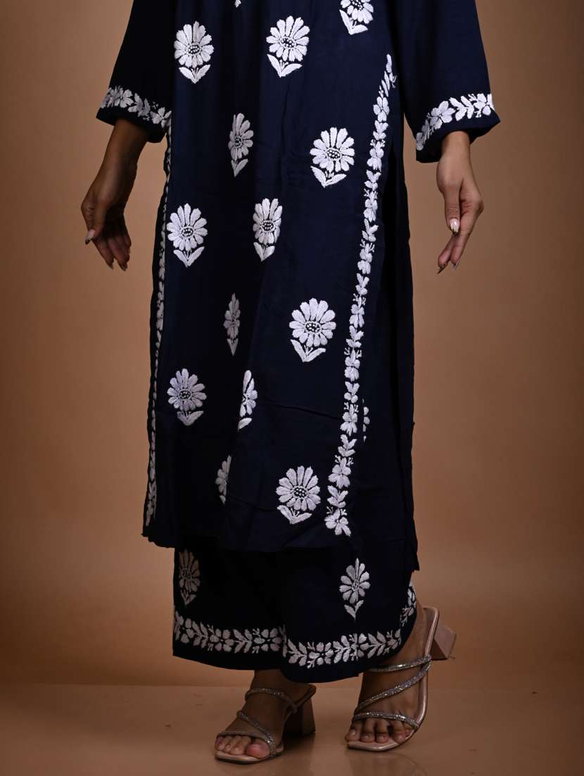 women solid with work notch neck kurta palazzo set - 22268914 -  Standard Image - 3