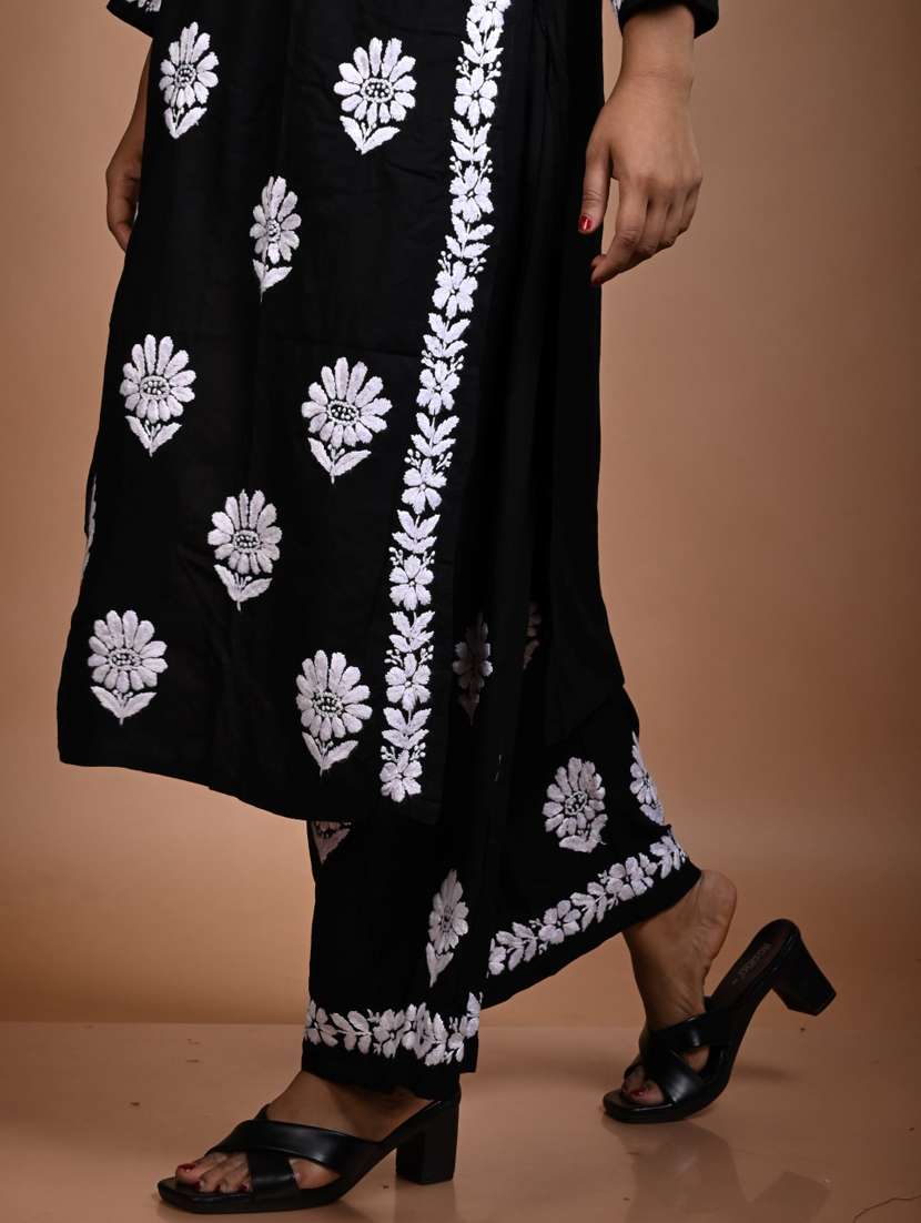 women solid with work notch neck kurta palazzo set - 22268918 -  Standard Image - 3