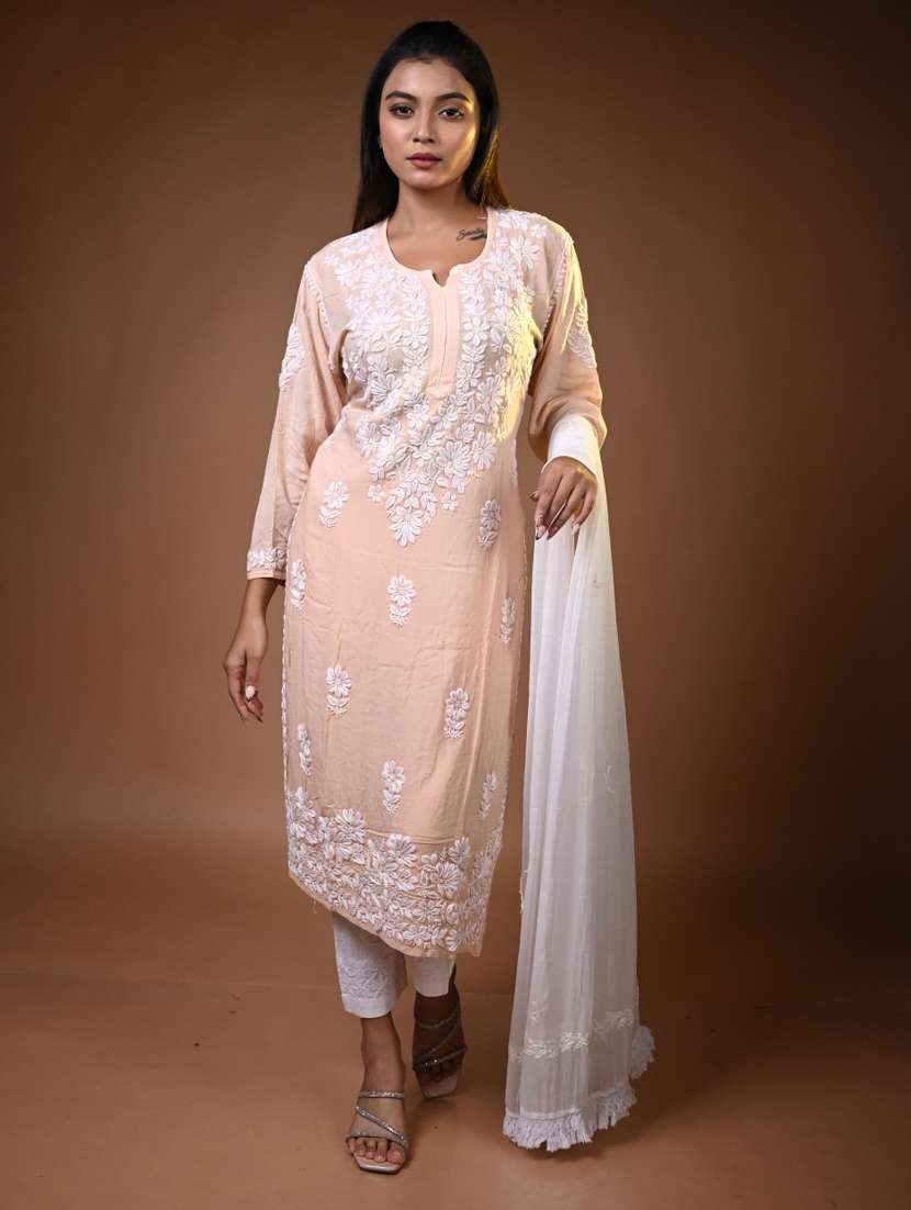 women solid with work long sleeve kurta pant with dupatta set