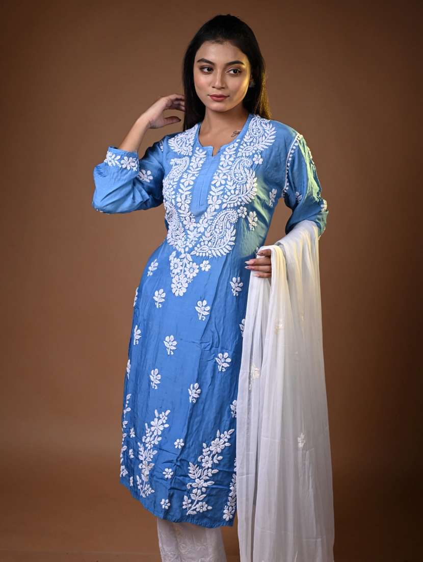 women solid with work long sleeve kurta pant with dupatta set