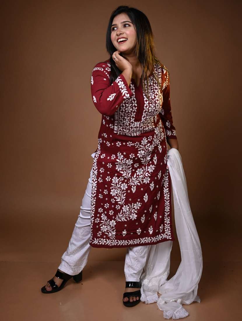 women chikankari long sleeve kurta pant with dupatta set