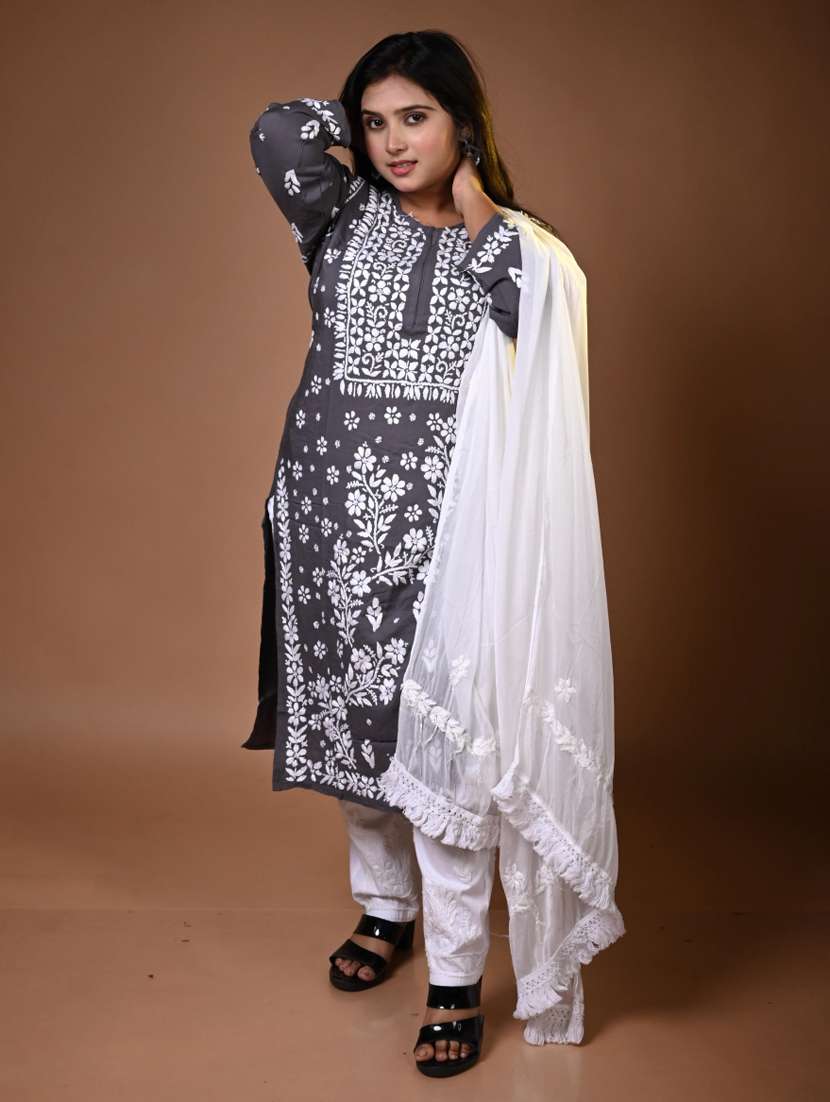 women chikankari long sleeve kurta pant with dupatta set