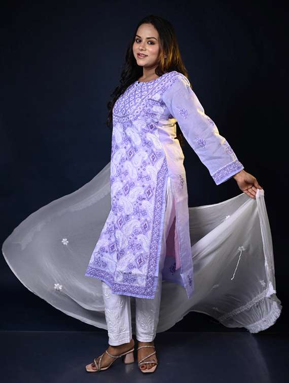 women solid with work long sleeve kurta pant with dupatta set