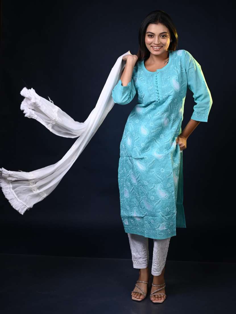 women solid with work three quarter sleeve kurta pant with dupatta set