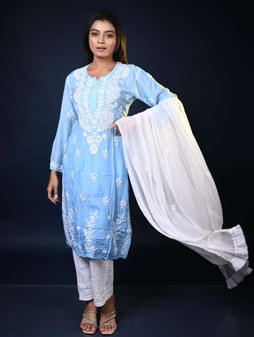 women solid with work long sleeve kurta pant with dupatta set