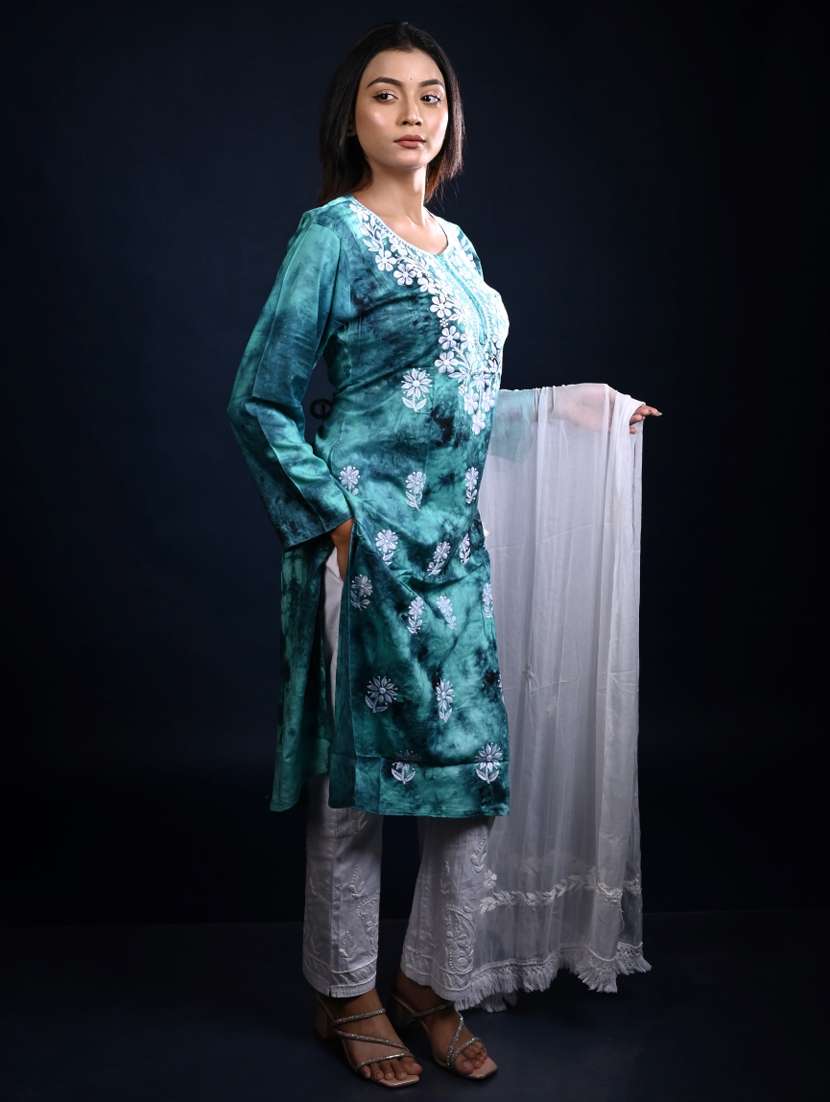 women chikankari long sleeve kurta pant with dupatta set
