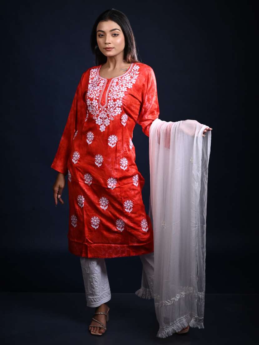 women chikankari long sleeve kurta pant with dupatta set