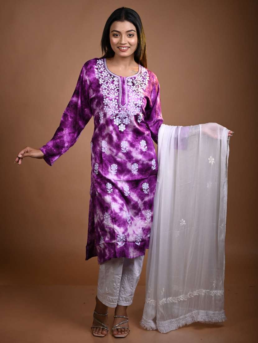 women chikankari long sleeve kurta pant with dupatta set