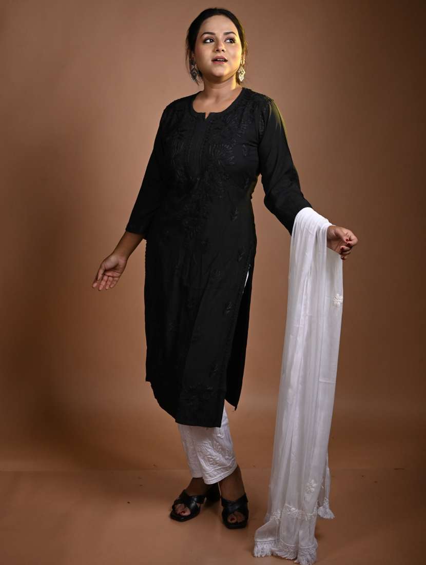 women chikankari three quarter sleeve kurta pant with dupatta set