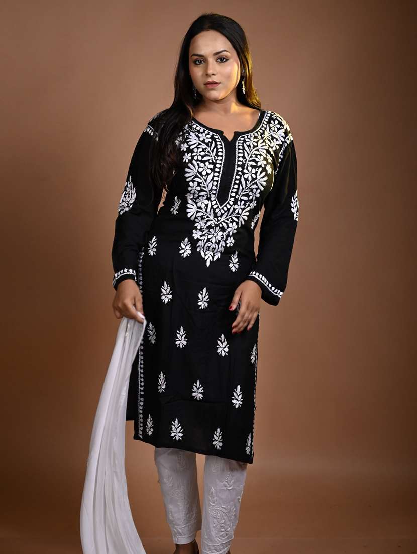 women solid with work long sleeve kurta pant with dupatta set