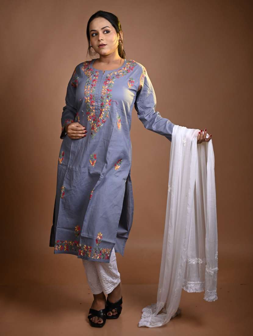 women chikankari long sleeve kurta pant with dupatta set
