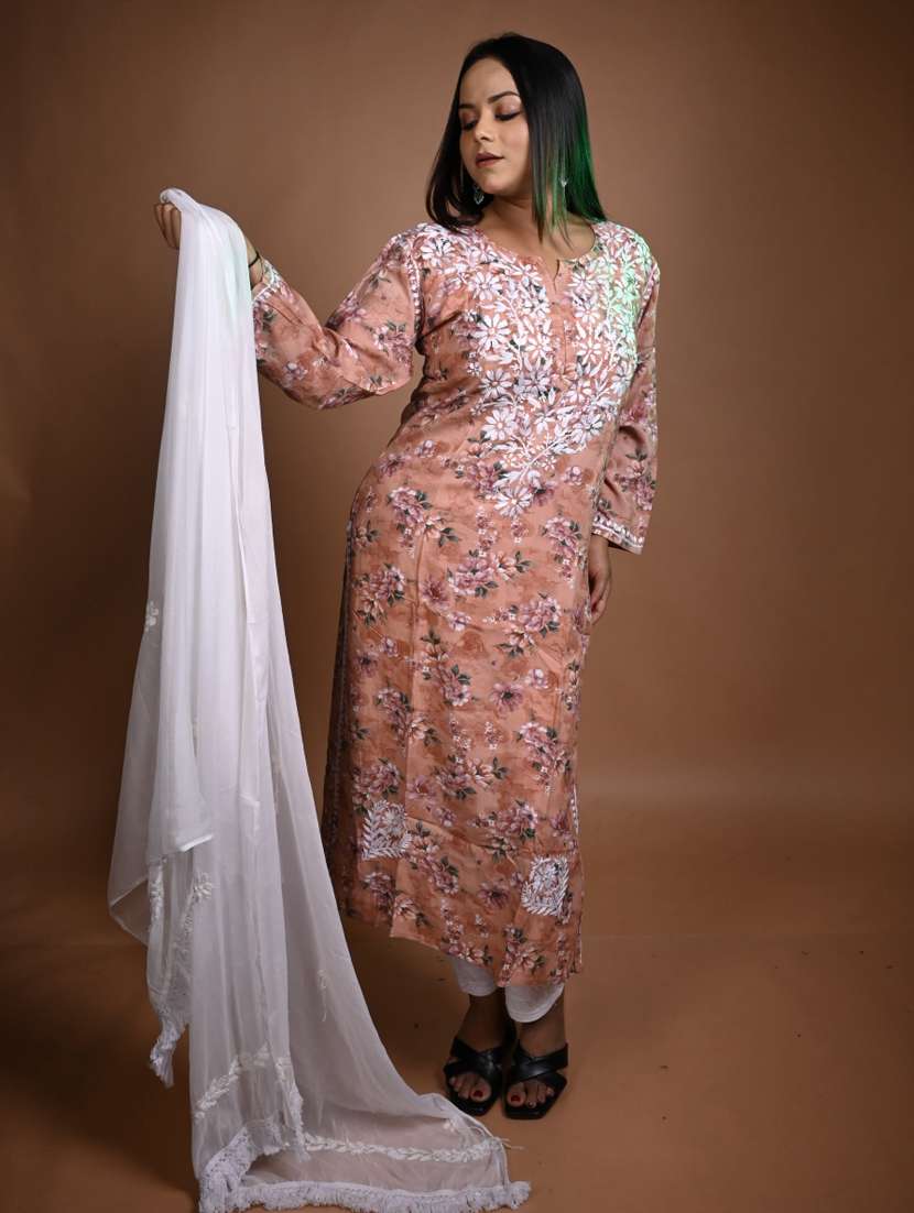 women floral long sleeve kurta pant with dupatta set