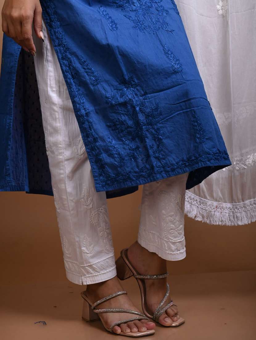 women solid with work three quarter sleeve kurta pant with dupatta set - 22268994 -  Standard Image - 3