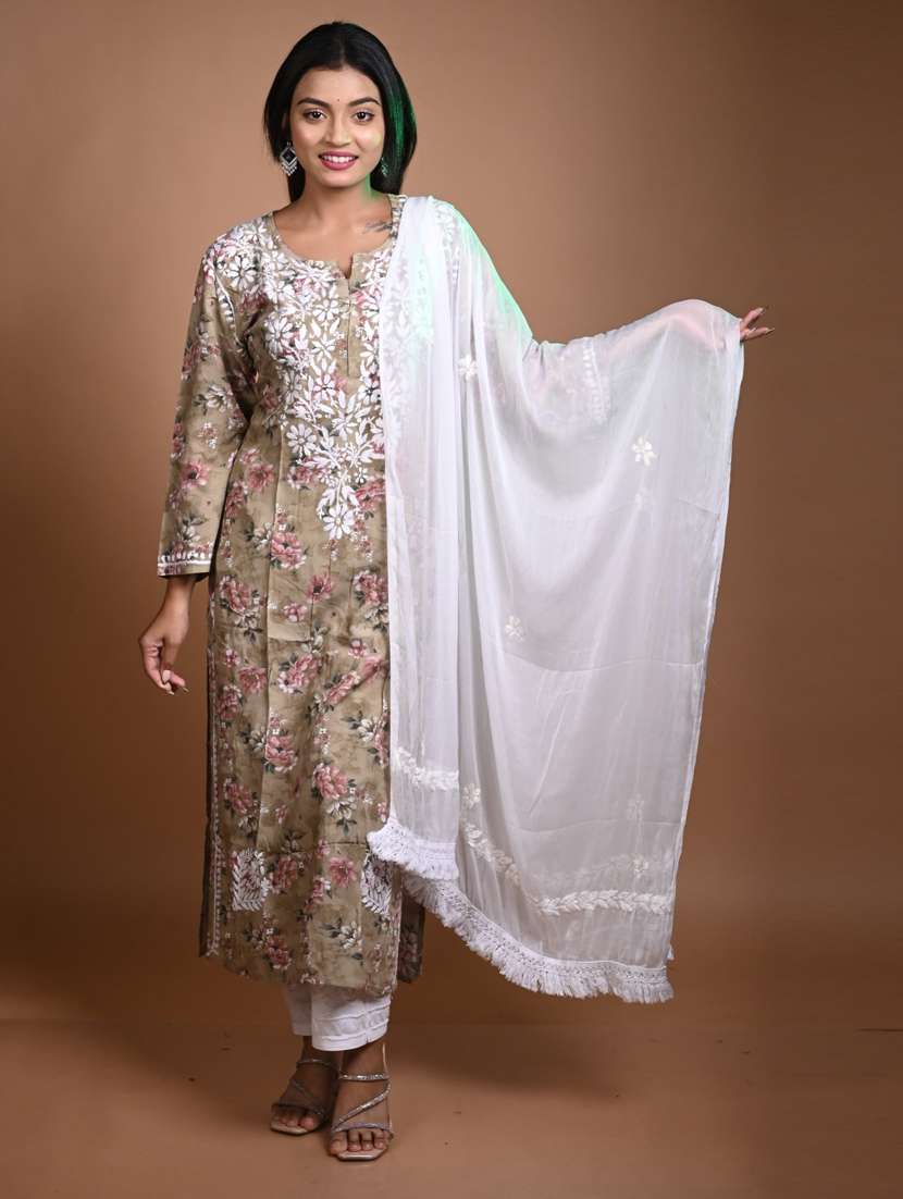 women floral long sleeve kurta pant with dupatta set