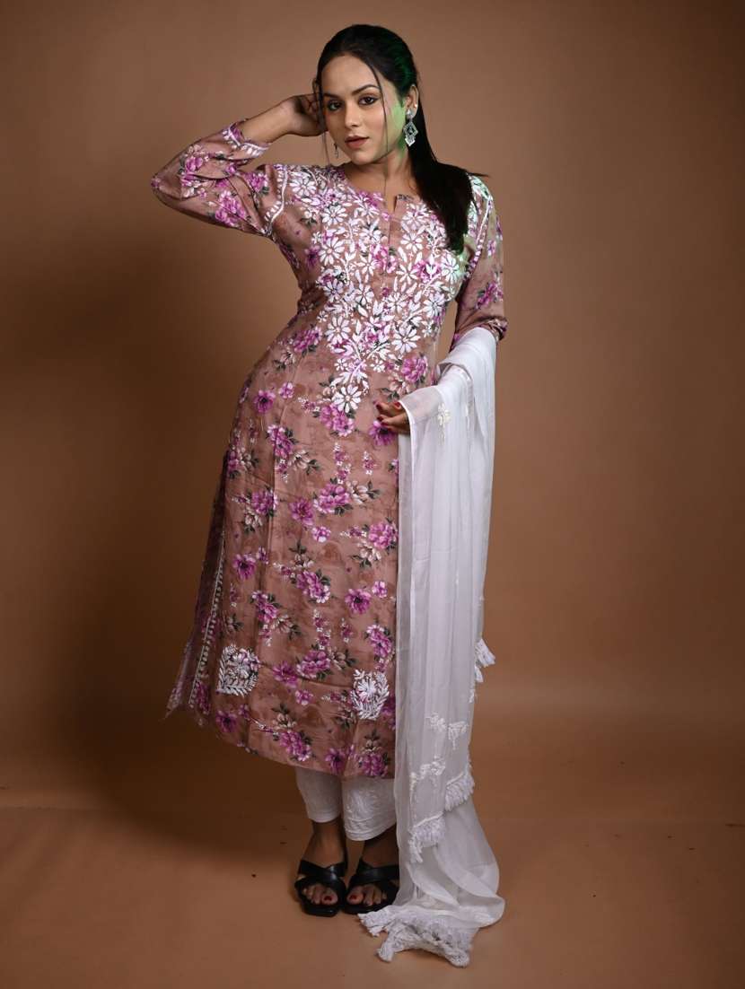 women floral long sleeve kurta pant with dupatta set