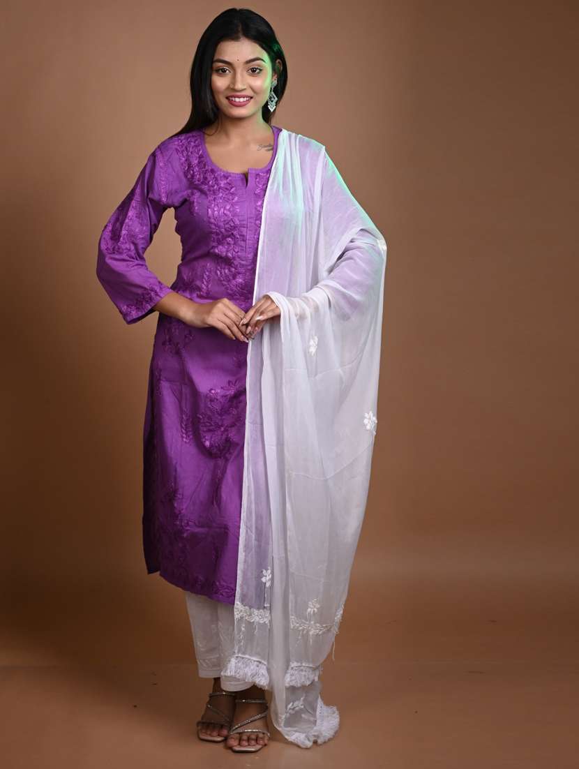 women solid with work three quarter sleeve kurta pant with dupatta set