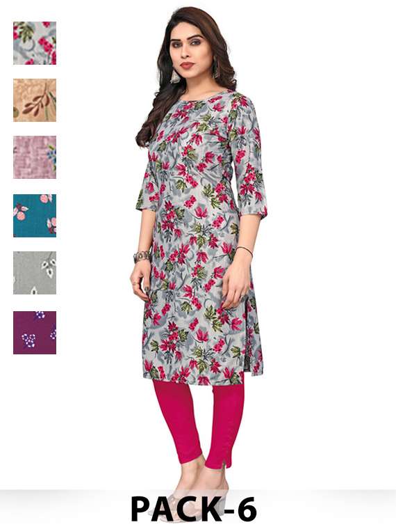 women pack of 6 printed straight kurta