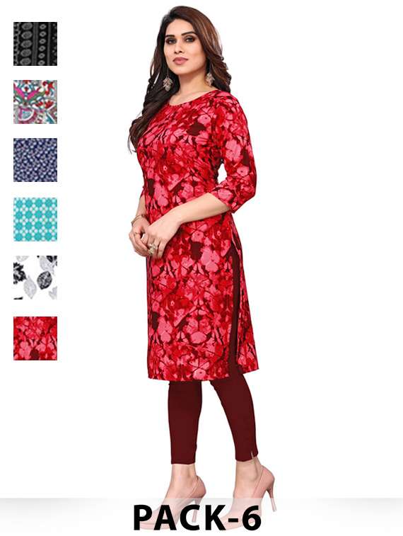 women pack of 6 printed straight kurta