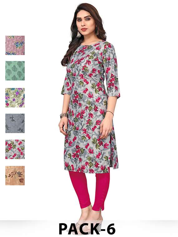 women pack of 6 printed straight kurta
