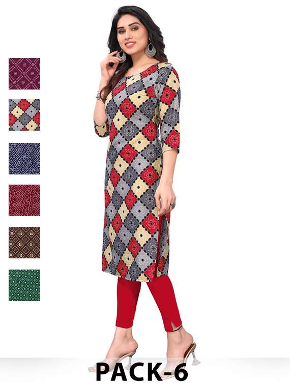 women pack of 6 printed straight kurta
