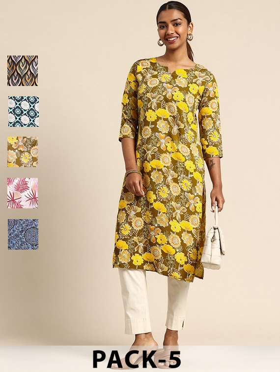 women pack of 5 printed straight kurta