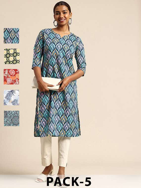 women pack of 5 printed straight kurta
