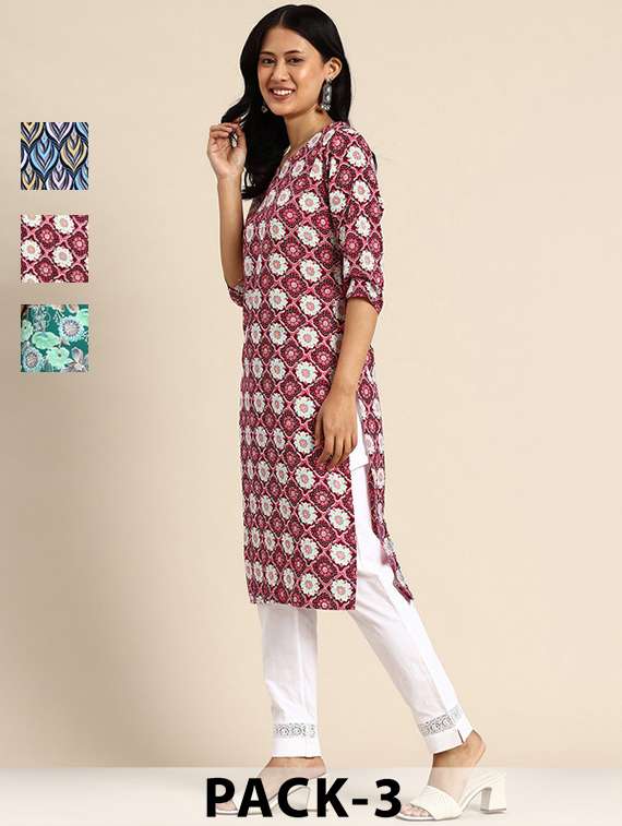 women pack of 3 printed straight kurta