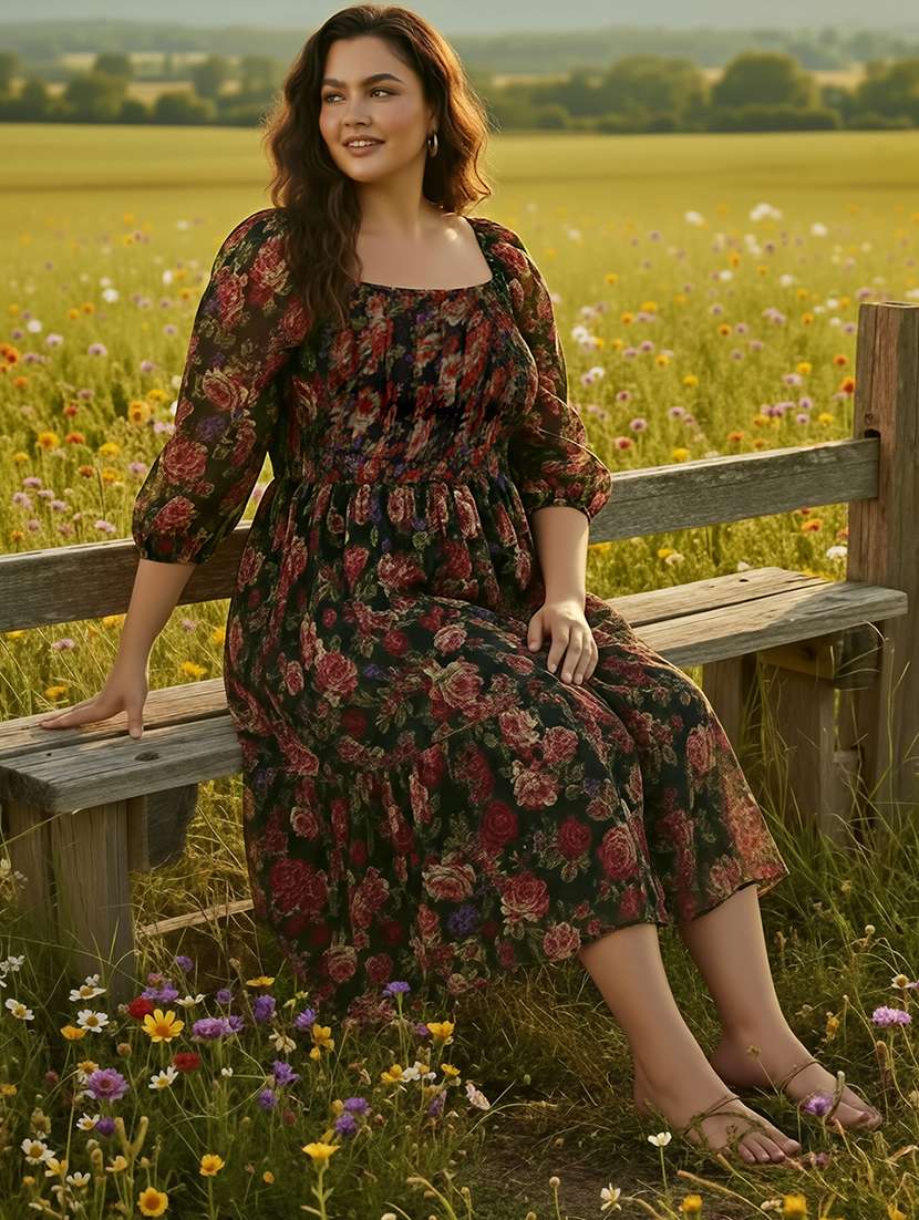 globus gloplus women black square neck raglan sleeves floral print smocked tiered plus size fit & flare midi dress - 22270443 -  Standard Image - 3