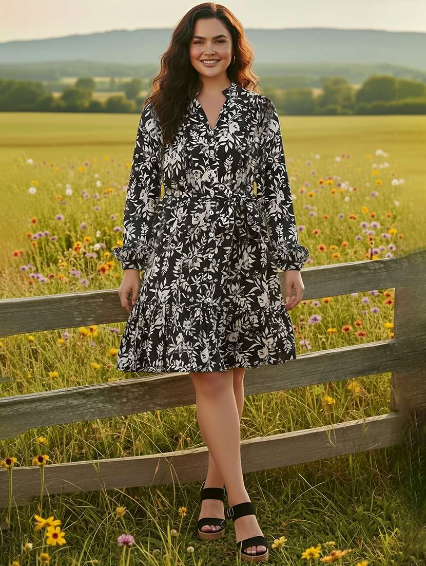 globus gloplus women black mandarin collar bishop sleeves floral print pleated tiered mini plus size shirt style dress with belt - 22270446 -  Standard Image - 3