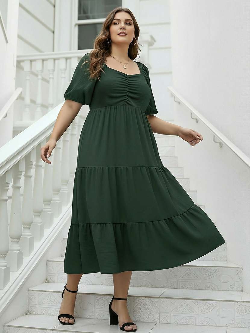 women plus size solid puff sleeve dress
