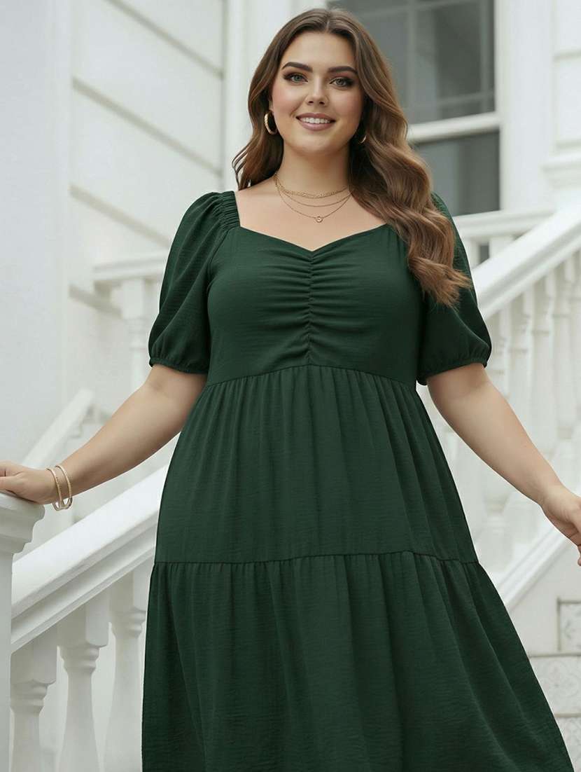 women plus size solid puff sleeve dress - 22270448 -  Standard Image - 3