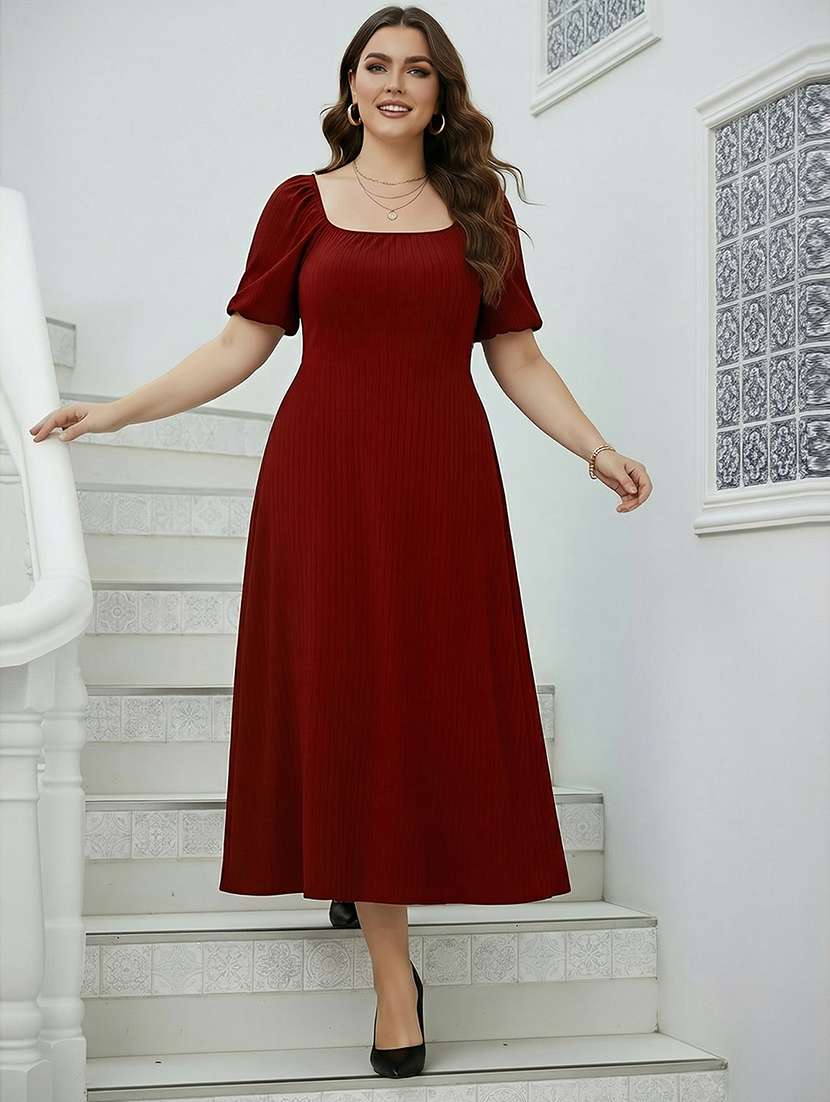 women plus size solid puff sleeve fit & flare dress