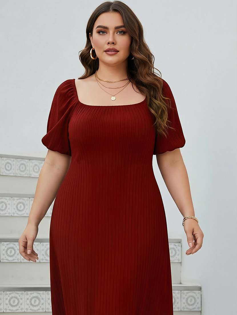 women plus size solid puff sleeve fit & flare dress - 22270450 -  Standard Image - 3