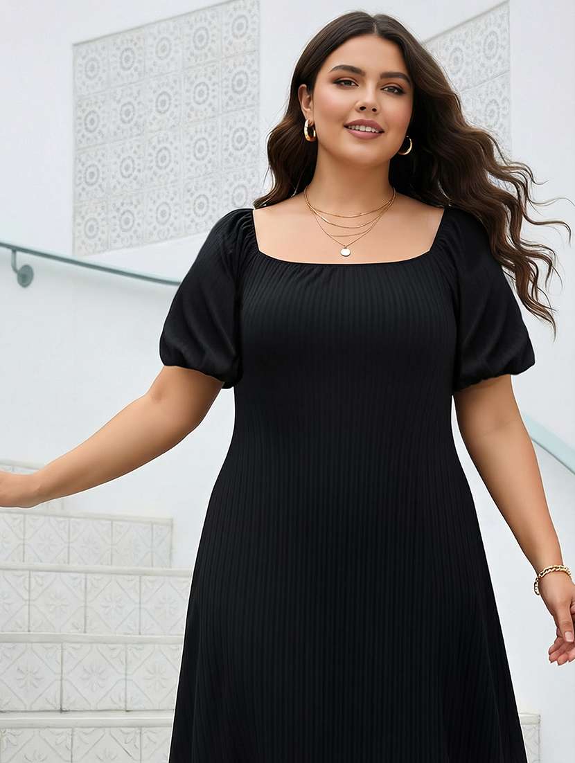 women plus size solid puff sleeve fit & flare dress - 22270451 -  Standard Image - 3