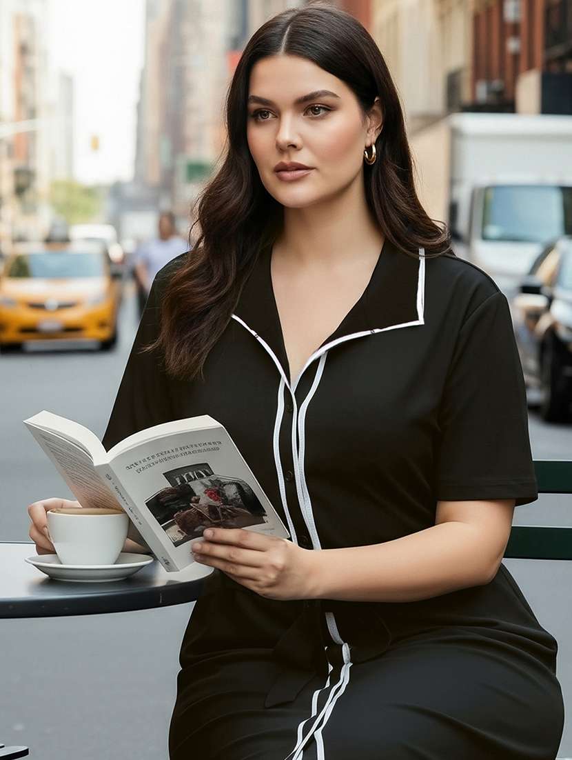 globus gloplus women black collared neck short sleeves belted midi plus size shirt style workwear dress - 22270452 -  Standard Image - 3