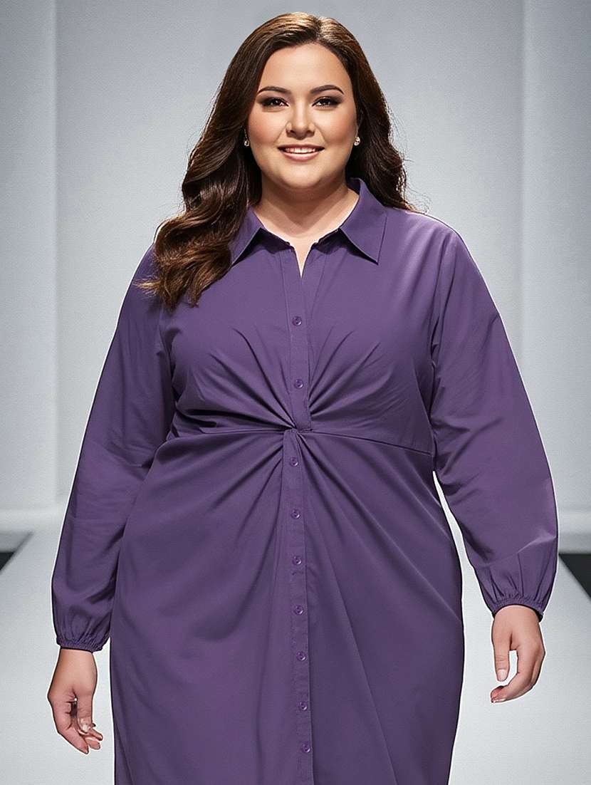 globus gloplus women purple solid twist knot detail curved hem midi plus size workwear shirt style dress - 22270454 -  Standard Image - 3
