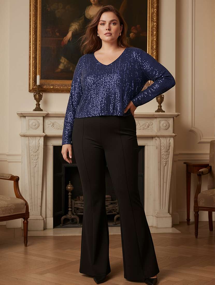 globus gloplus women navy blue v-neck long sleeves sequinned plus size party top - 22270462 -  Standard Image - 3