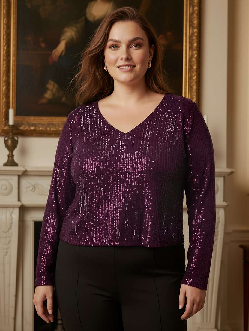 globus gloplus women purple v-neck long sleeves sequinned plus size party top