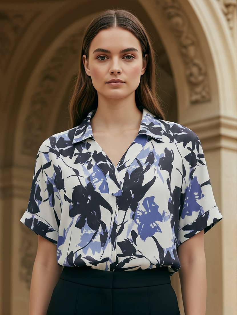 globus women blue floral print collared v-neck extended sleeves pleated detail top