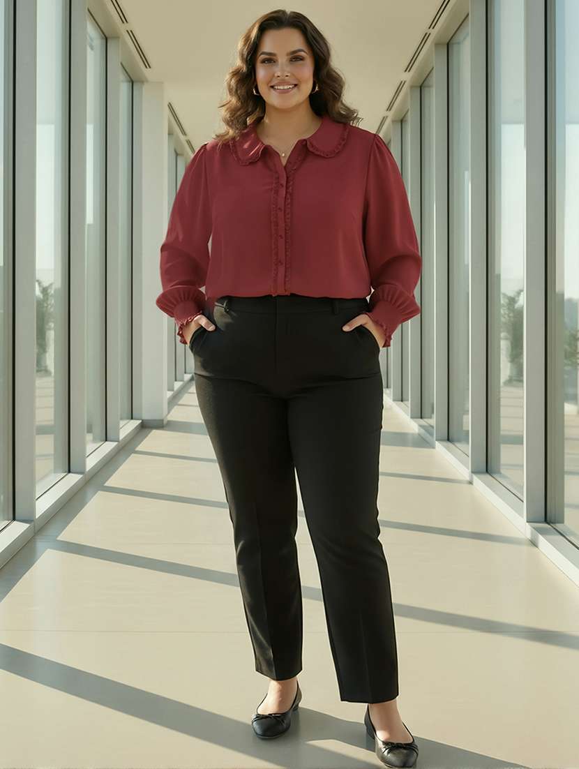 women plus size solid collared long sleeve shirt - 22270466 -  Standard Image - 3