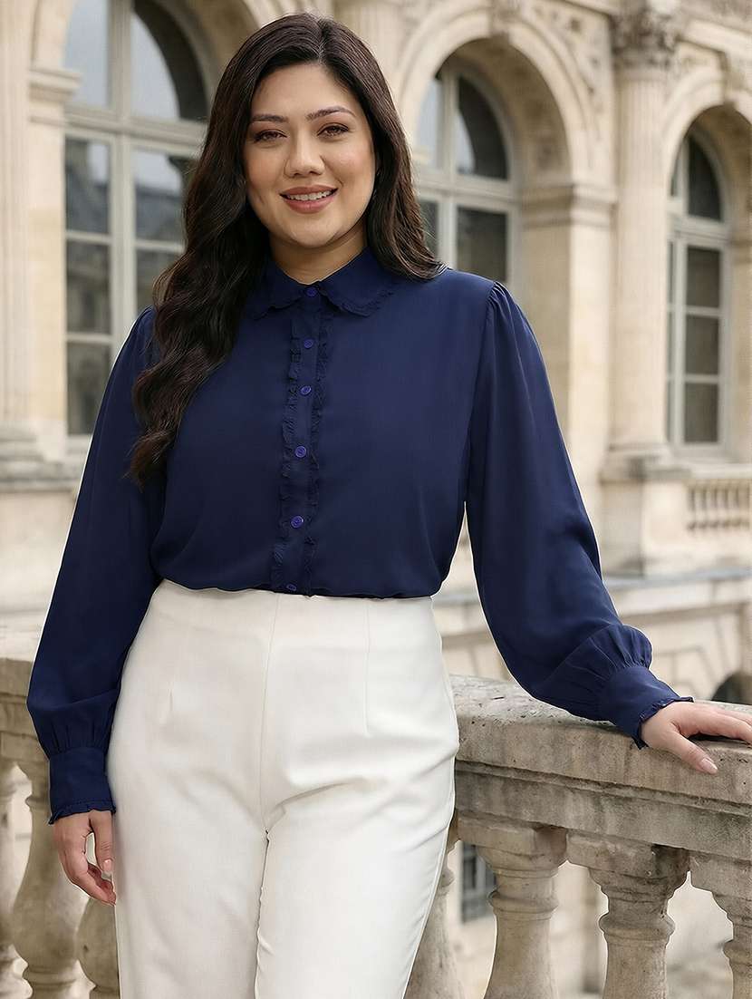 women plus size solid collared long sleeve shirt