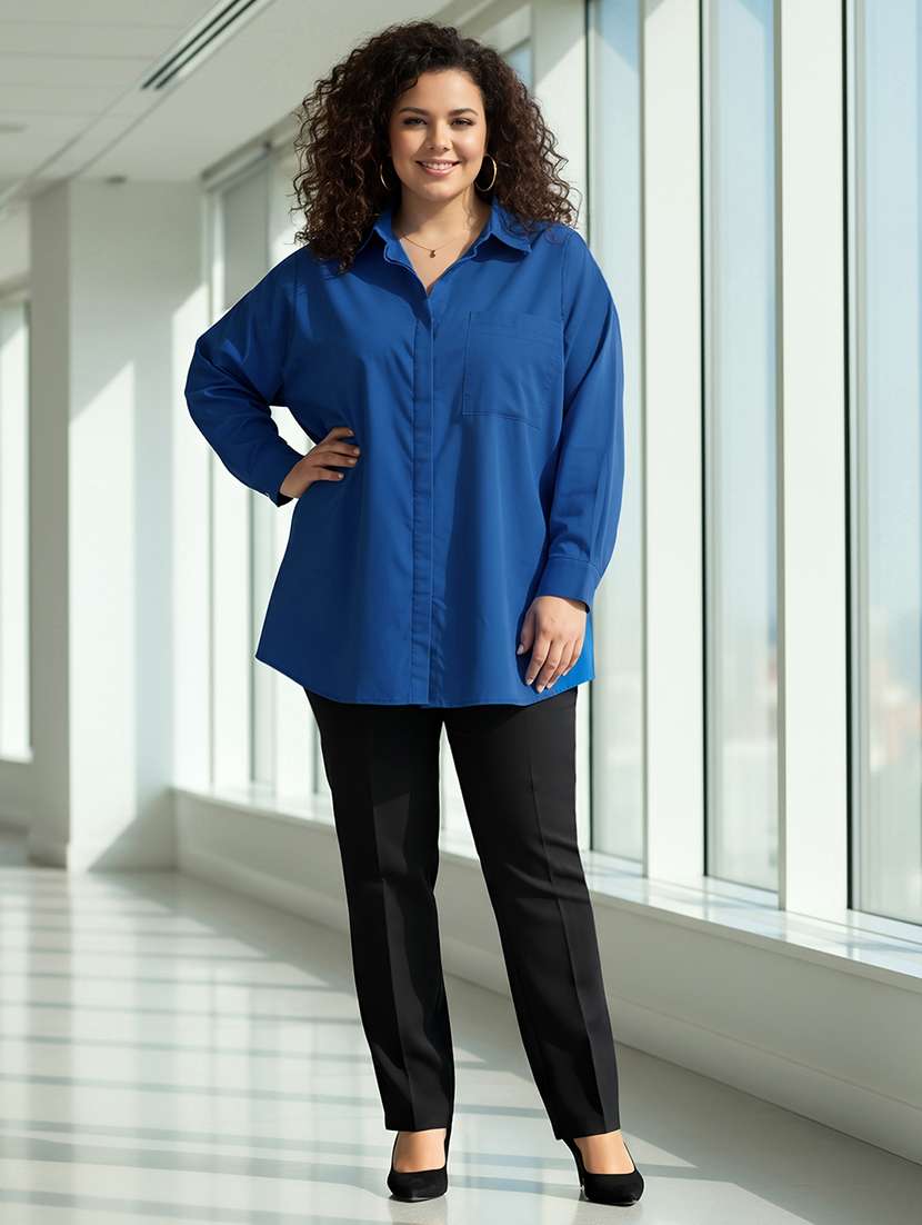 women plus size solid collared long sleeve shirt - 22270468 -  Standard Image - 3